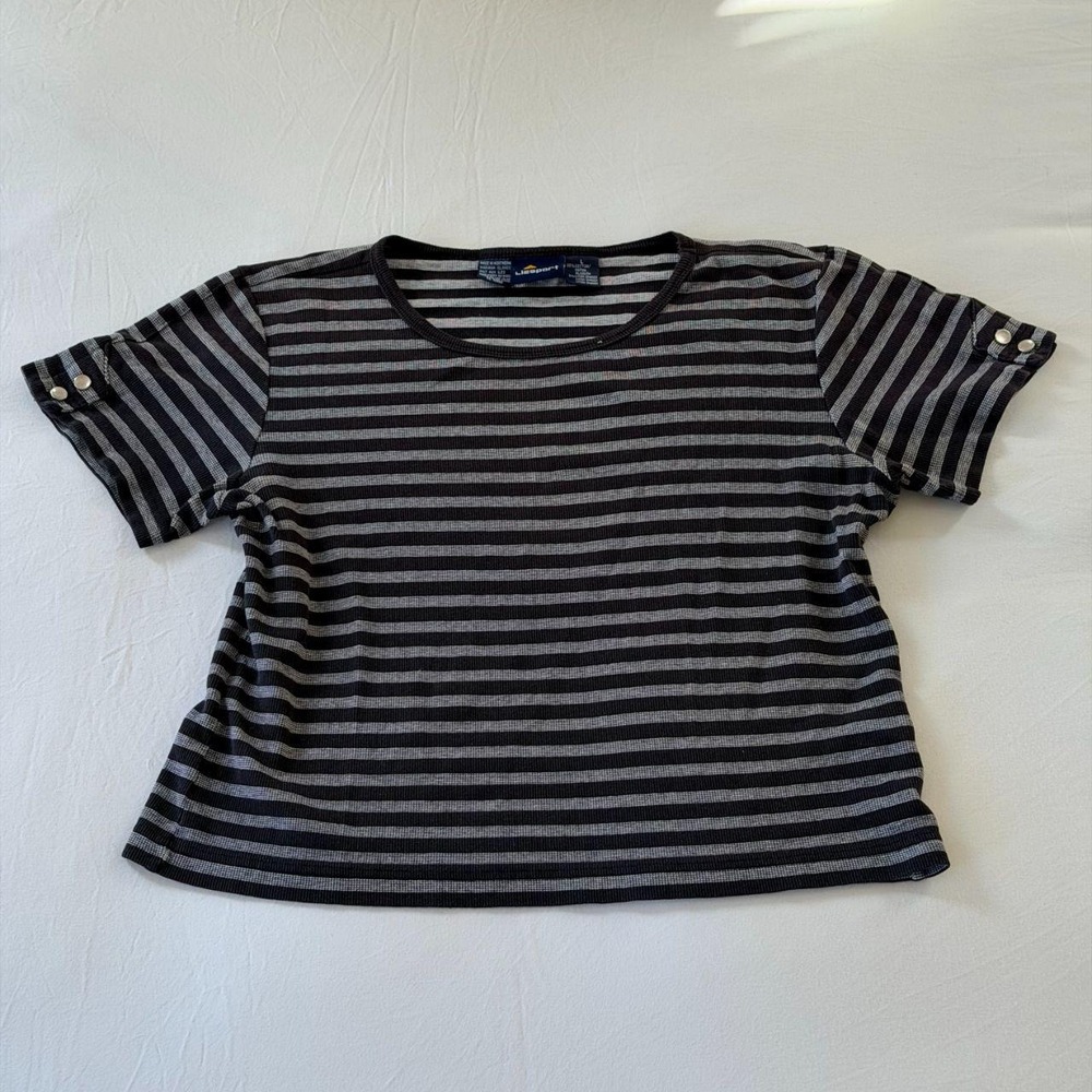 Vintage Lizsport Liz Claiborne Striped Ribbed Snap Sleeve Top Large Black Gray